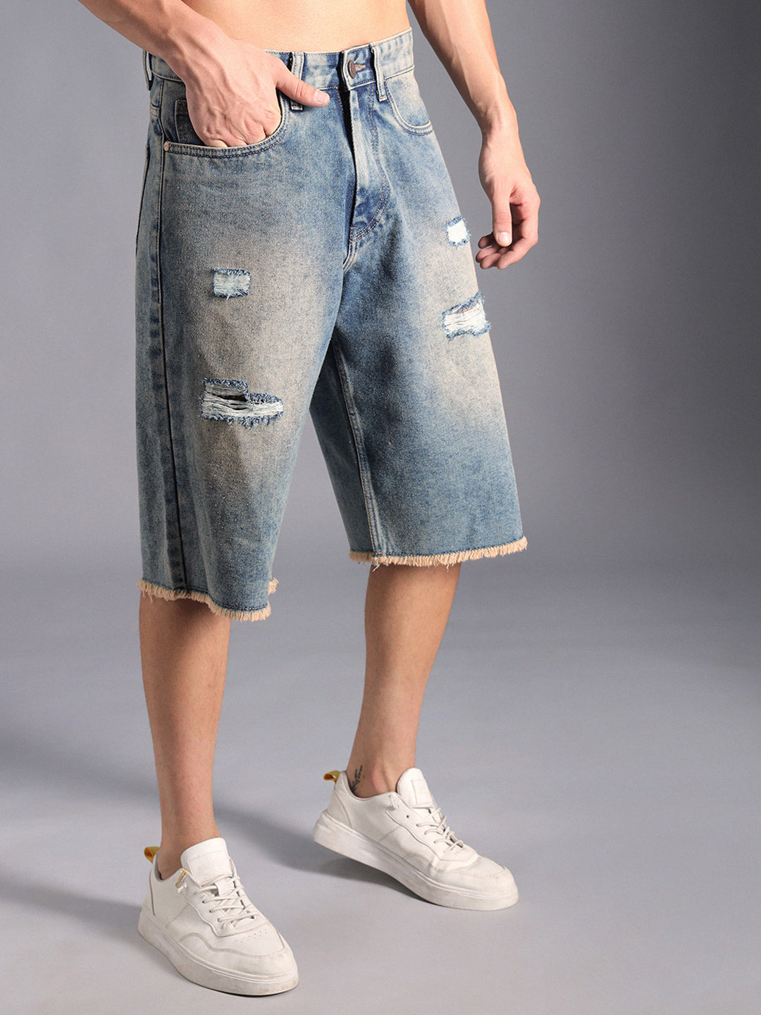 Men Washed Mid-Rise Distressed Cotton Denim Shorts