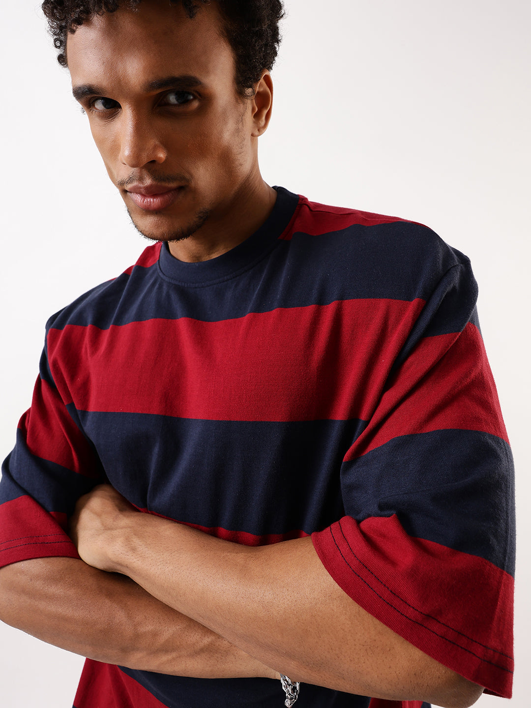 High Star Striped Round Neck Drop-Shoulder Sleeves Pure Cotton Oversized T-shirt