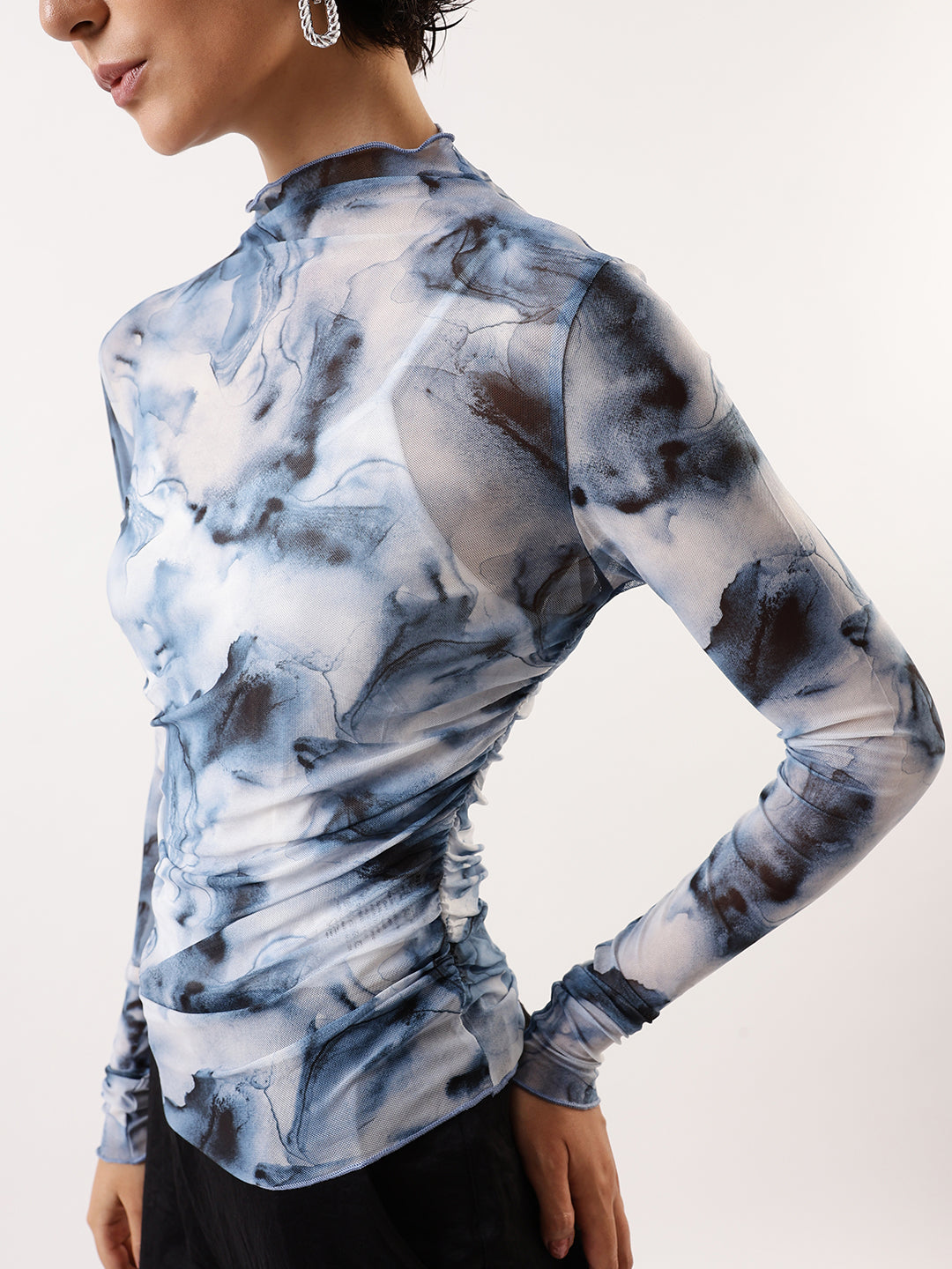Hubberholme Women Abstract Printed Net Ruched Top