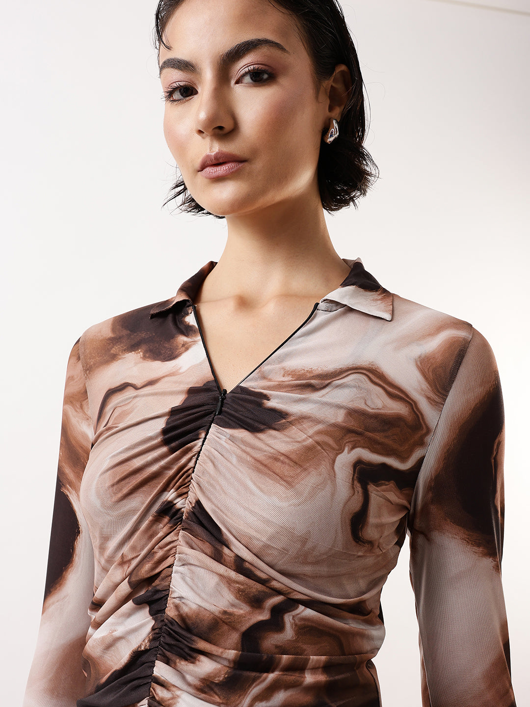 Hubberholme Women Abstract Printed Net Ruched Top