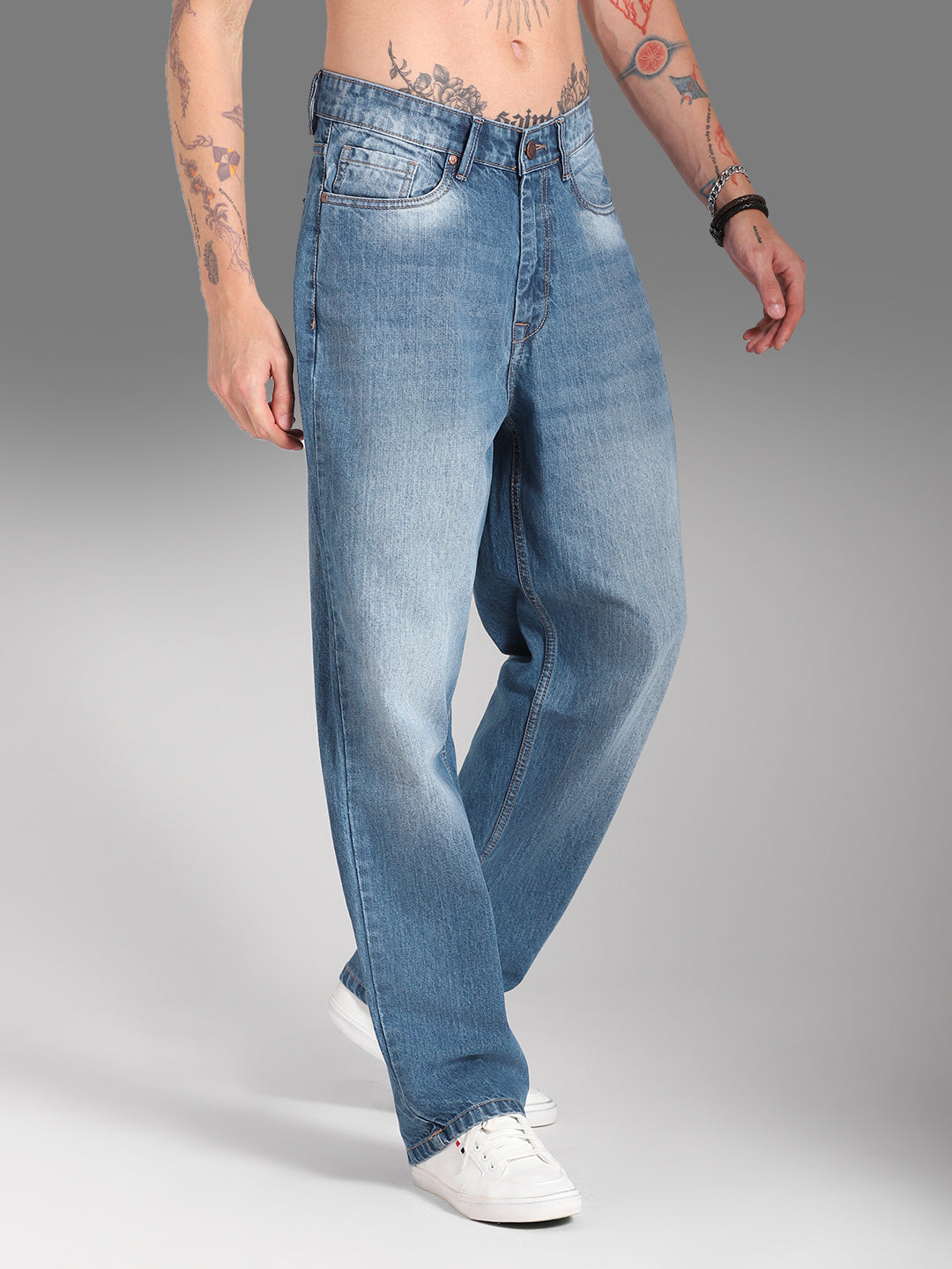 Men Wide Leg Mid-Rise Clean Look Light Fade Cotton Jeans
