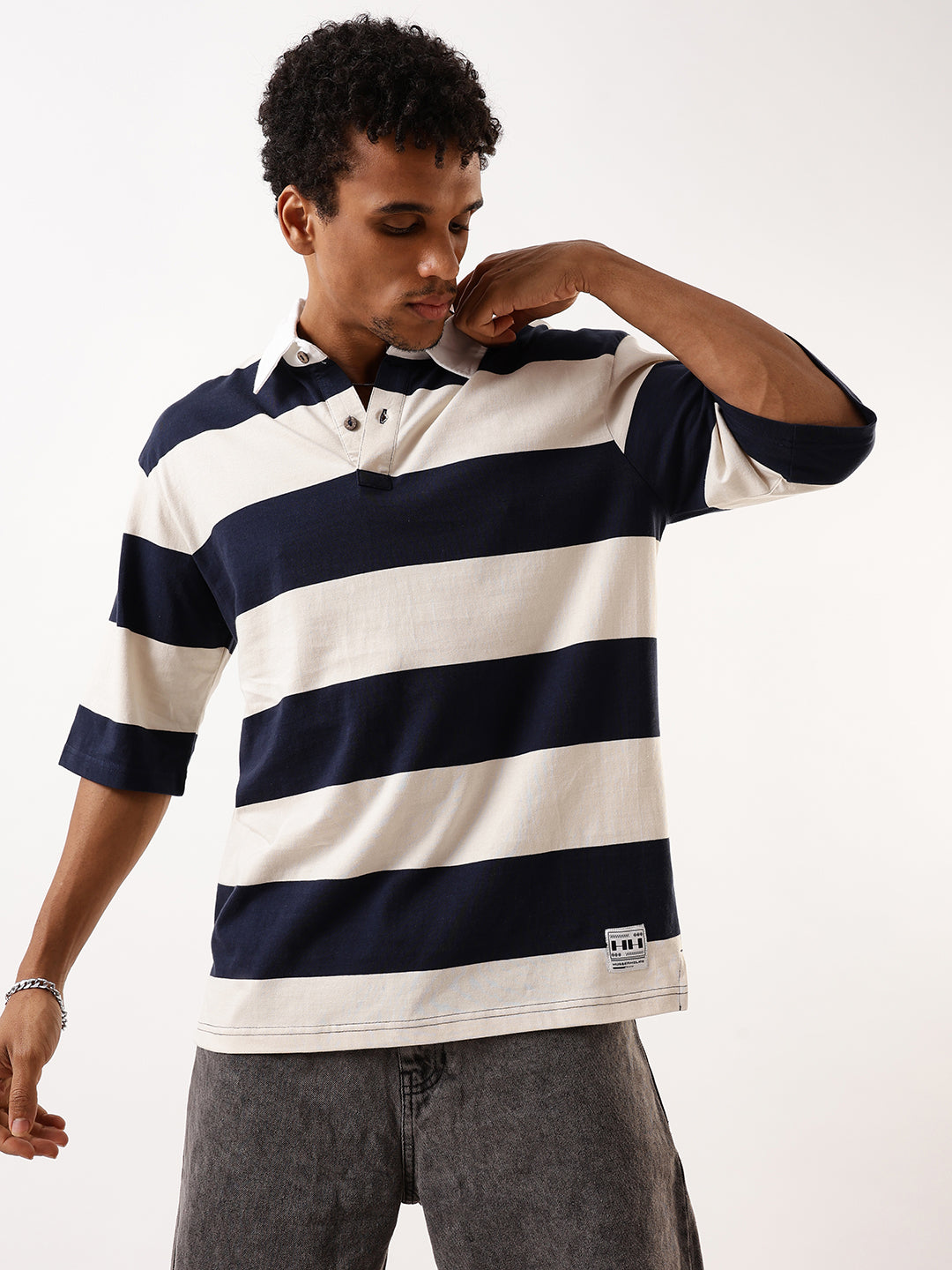Hubberholme Men Striped Polo Collar Pure Cotton Oversized T-shirt