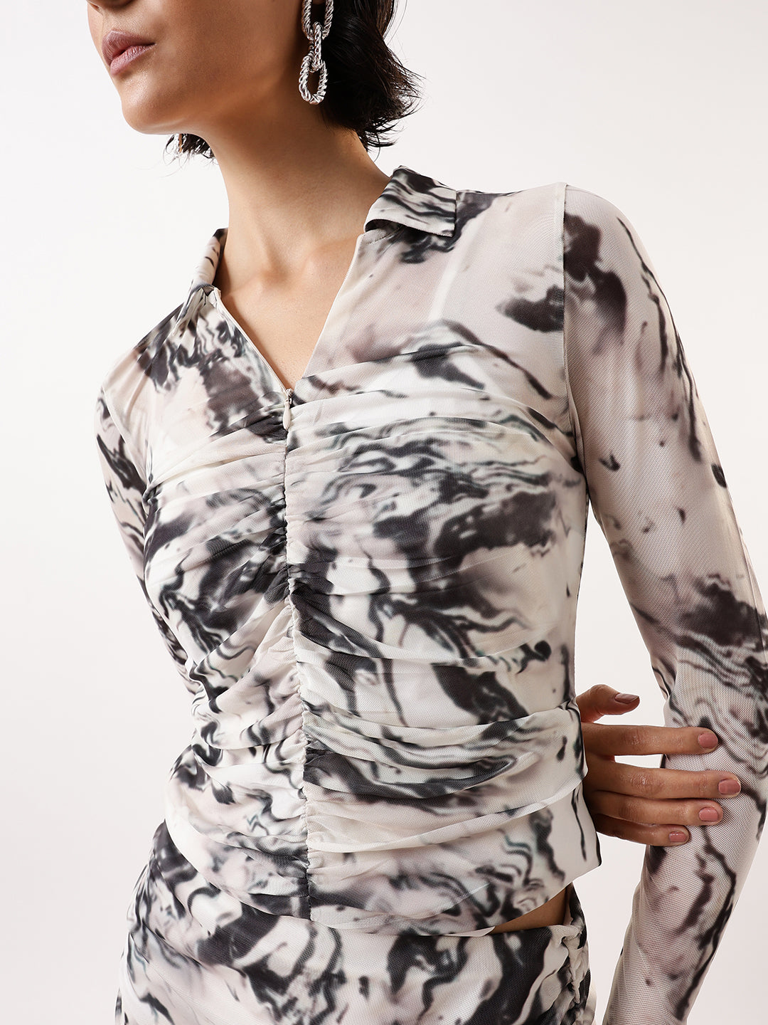 Hubberholme Women Abstract Printed Net Ruched Top
