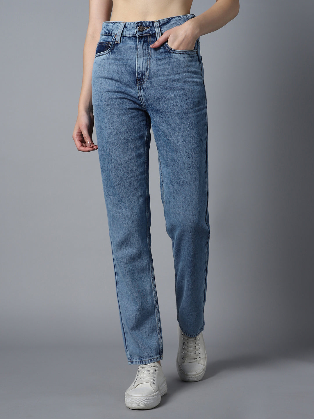 Women Straight Fit High-Rise Clean Look Light Fade Cotton Jeans