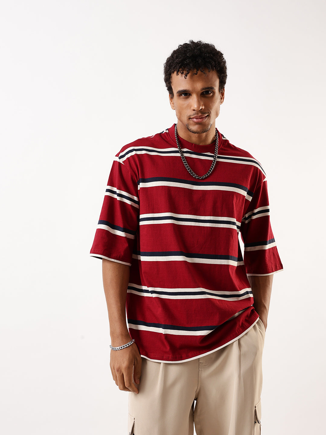 High Star Men Striped Round Neck Pure Cotton Oversized T-shirt