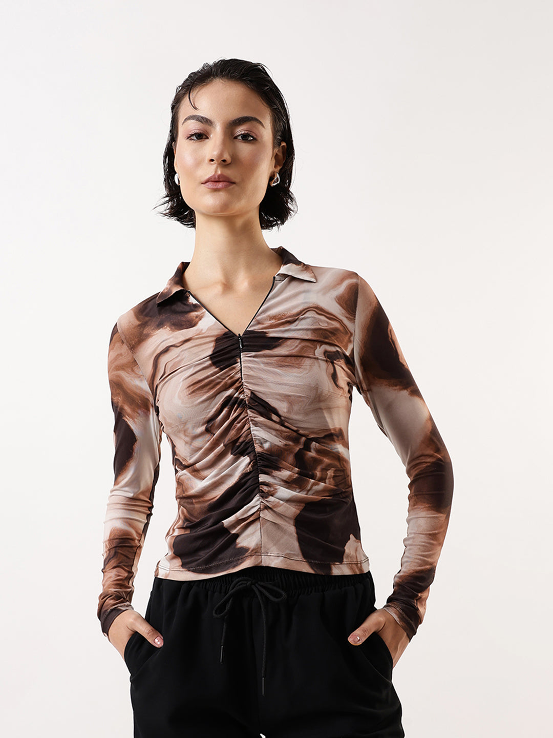 Hubberholme Women Abstract Printed Net Ruched Top