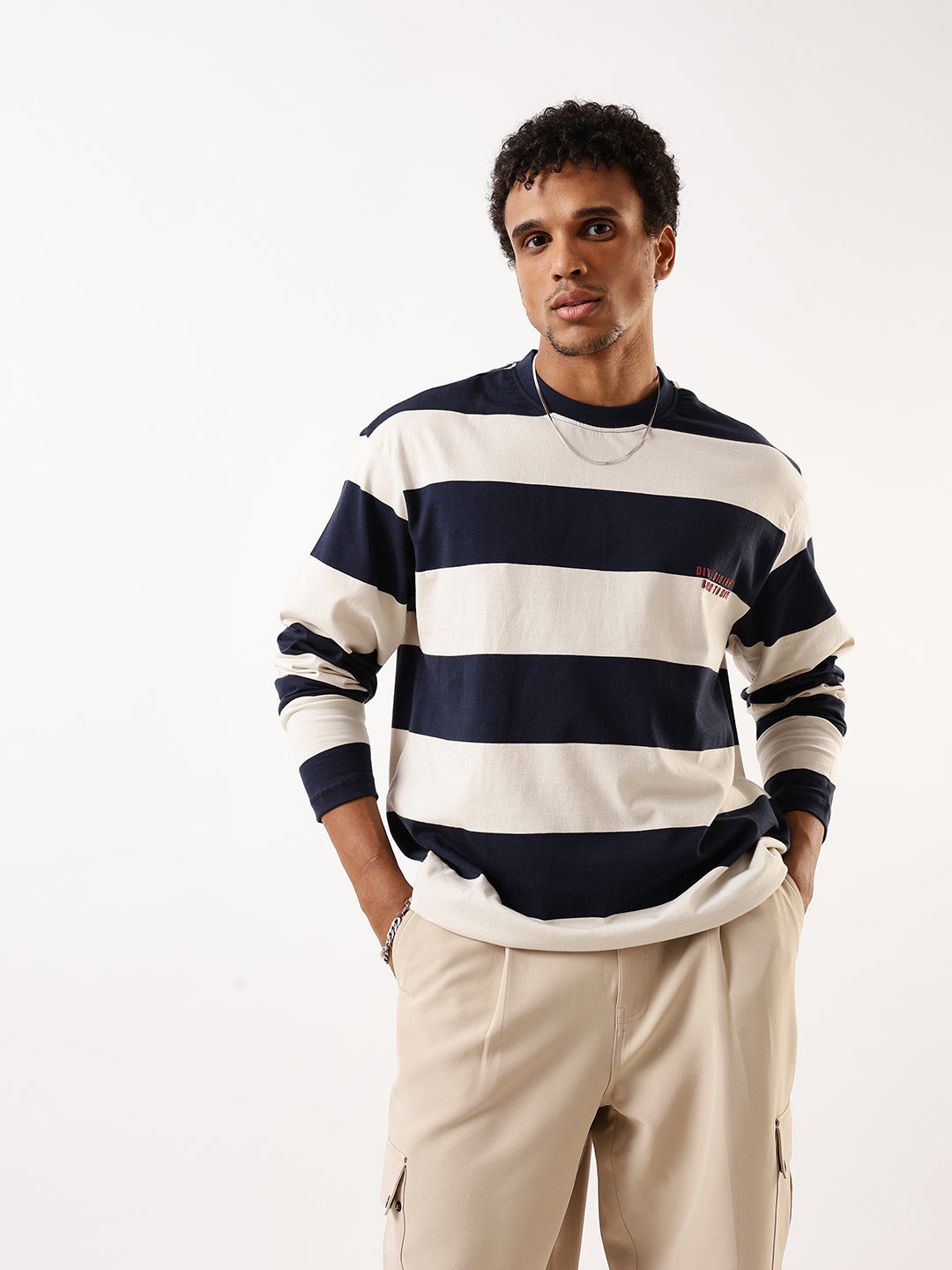 Hubberholme Striped Round Neck Pure Cotton Oversized T-shirt