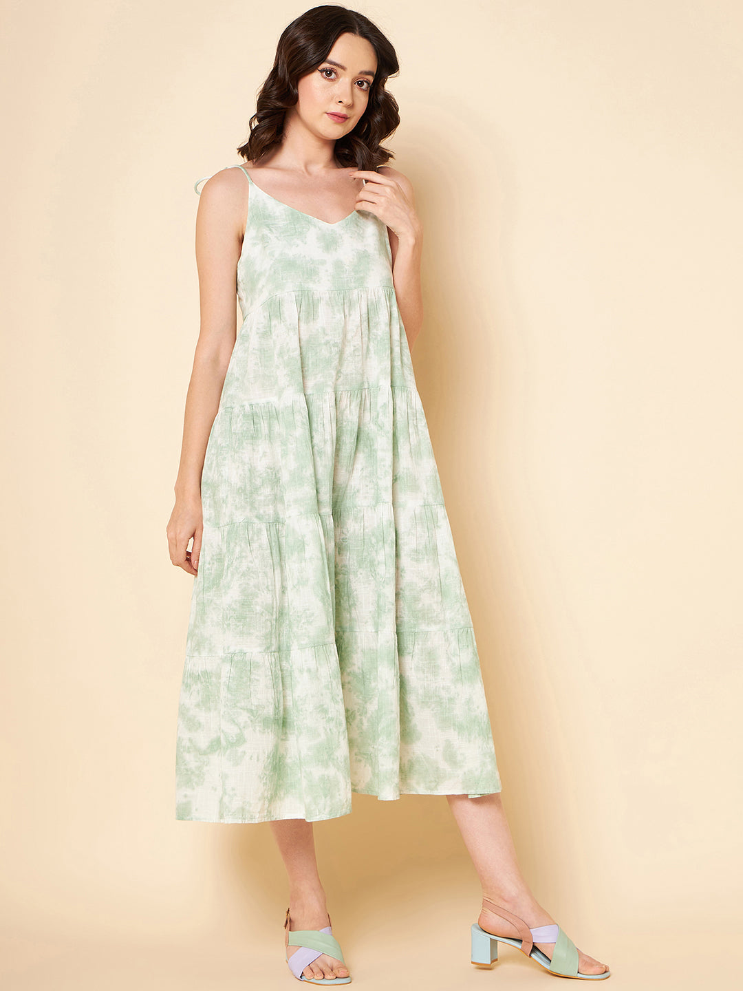 Printed Tiered Pure Cotton A-Line Midi Dress