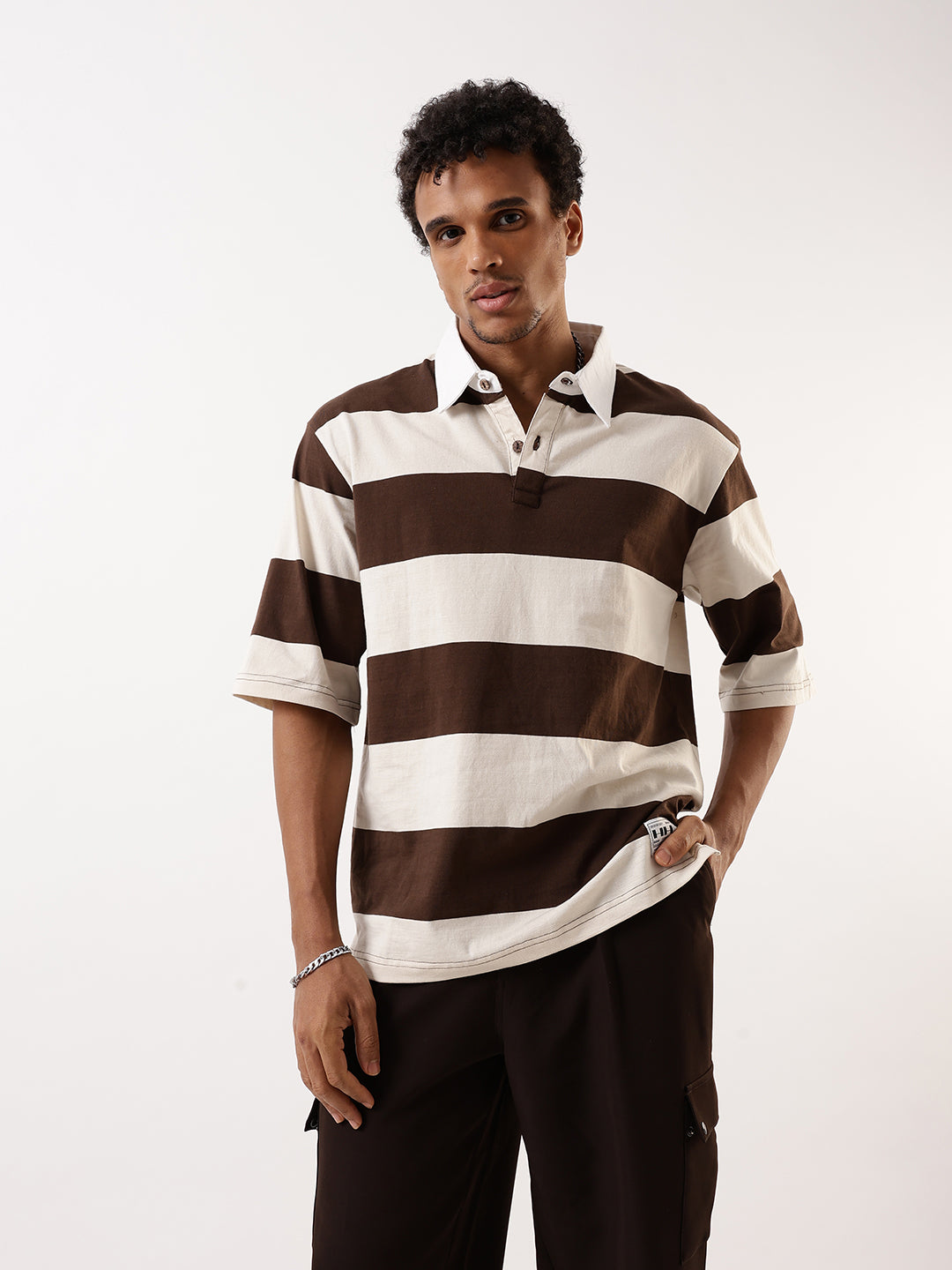 Hubberholme Men Striped Polo Collar Pure Cotton Oversized T-shirt