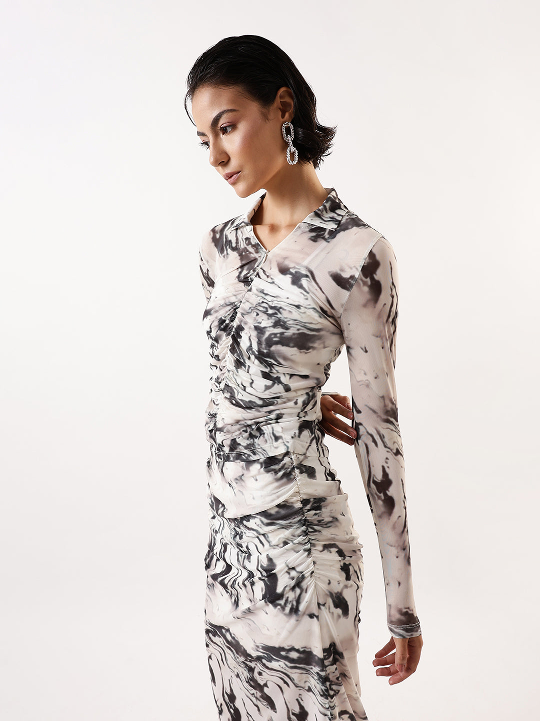Hubberholme Women Abstract Printed Net Ruched Top