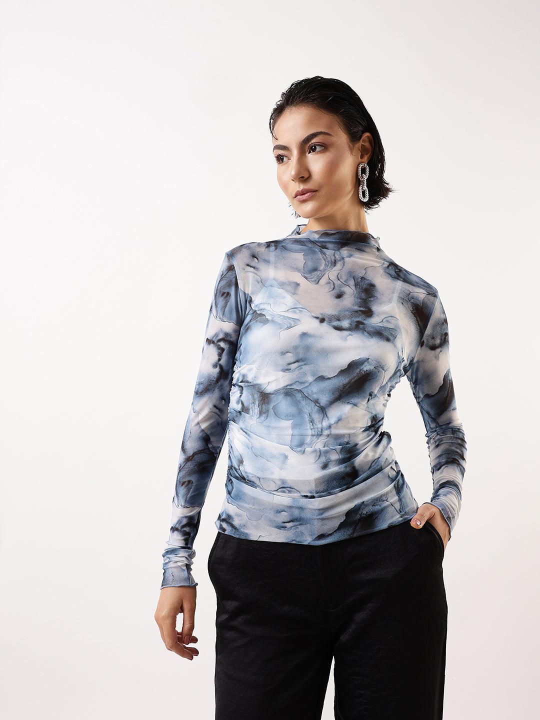 Hubberholme Women Abstract Printed Net Ruched Top