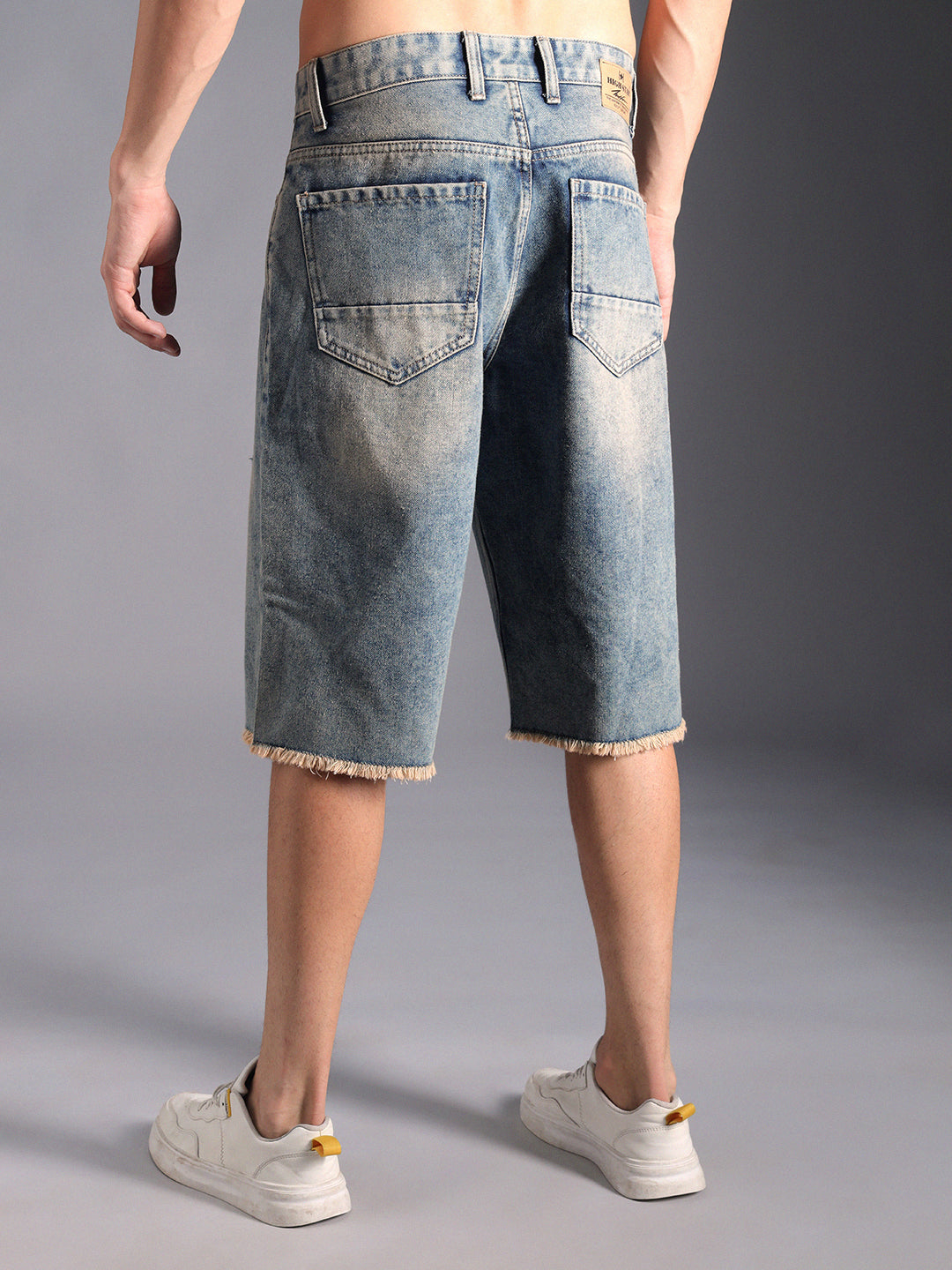 Men Washed Mid-Rise Distressed Cotton Denim Shorts