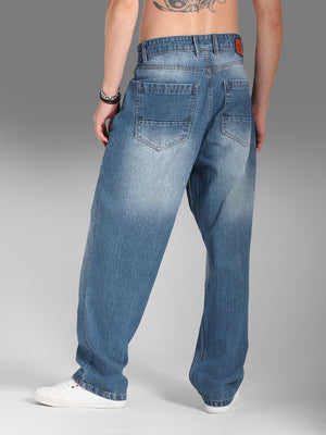 Men Wide Leg Mid-Rise Clean Look Light Fade Cotton Jeans