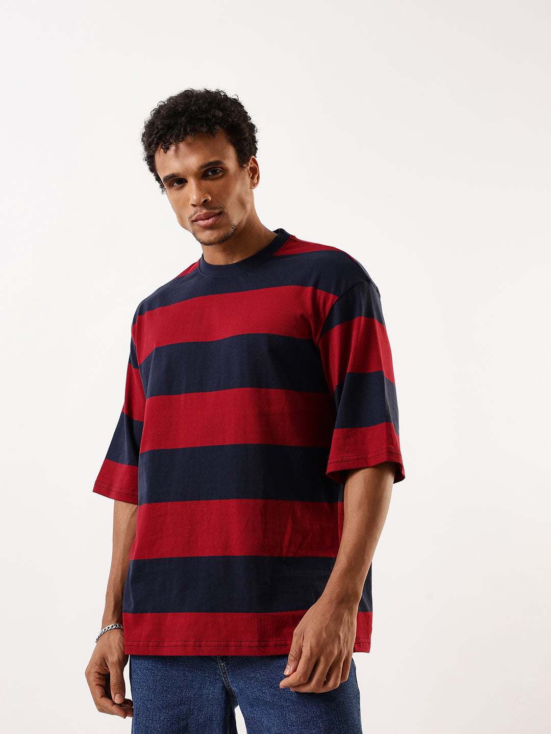 High Star Striped Round Neck Drop-Shoulder Sleeves Pure Cotton Oversized T-shirt