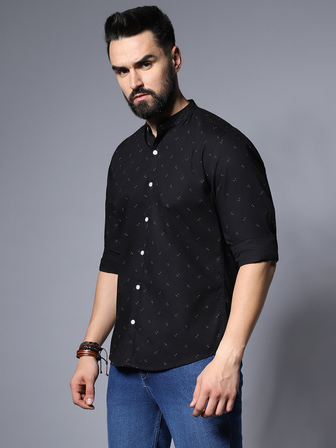 Micro Ditsy Mandarin Collar Cotton Casual Shirt