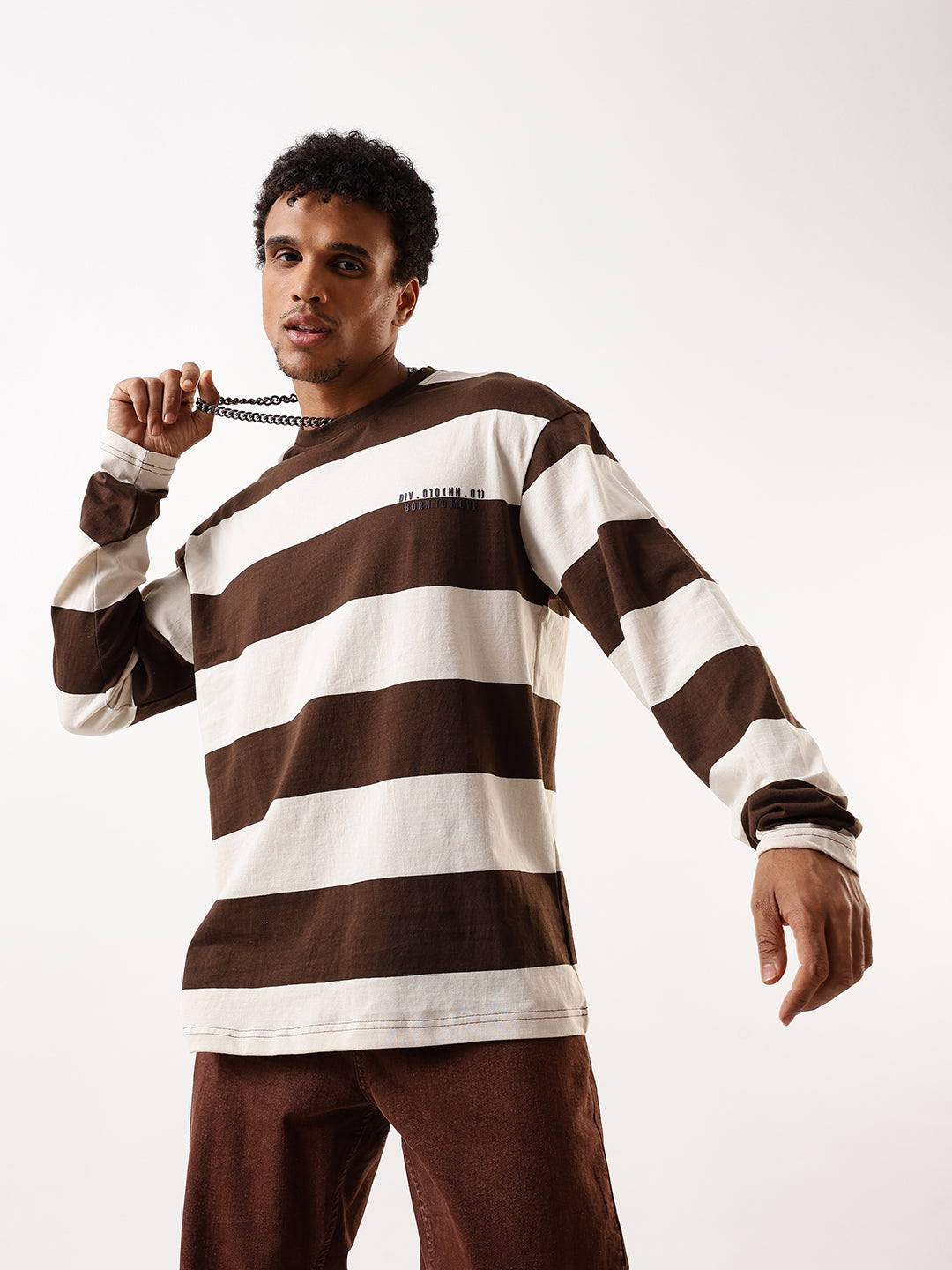 Hubberholme Men Striped Round Neck Pure Cotton Oversized T-shirt