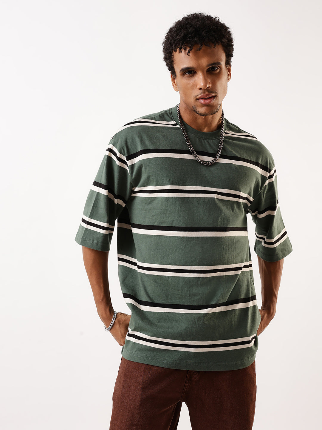 High Star Striped Round Neck Drop-Shoulder Sleeves Pure Cotton Oversized T-shirt