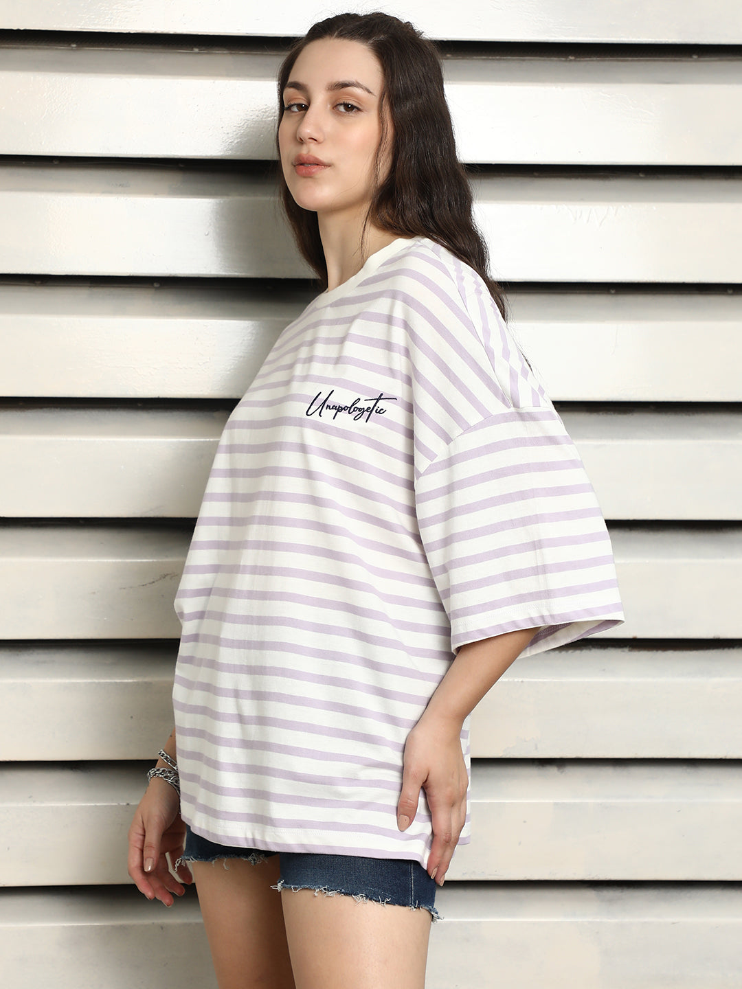 Striped Round Neck Drop-Shoulder Sleeves Cotton Oversized T-shirt