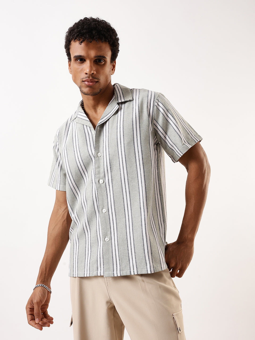 High Star Men Comfort Fit Vertical Striped Cuban Collar Casual Shirt