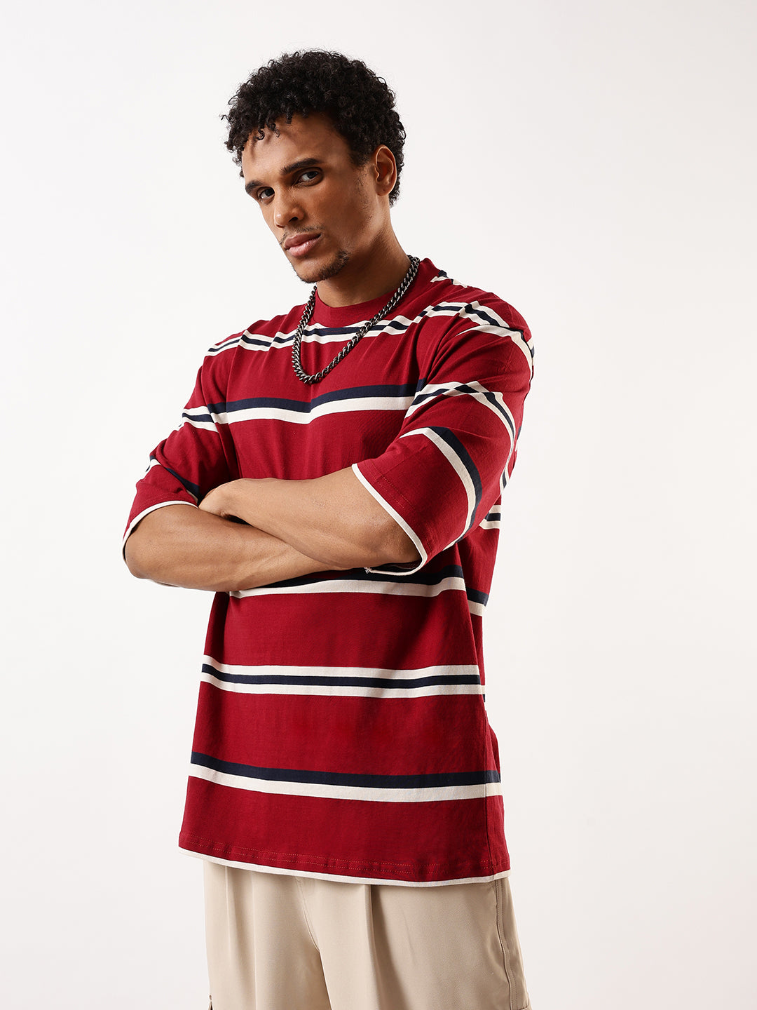 High Star Men Striped Round Neck Pure Cotton Oversized T-shirt