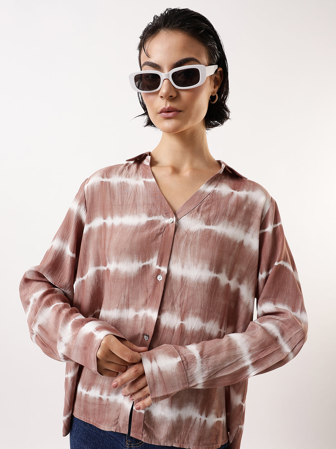 High Star Women Comfort Fit Dyed Spread Collar Casual Shirt