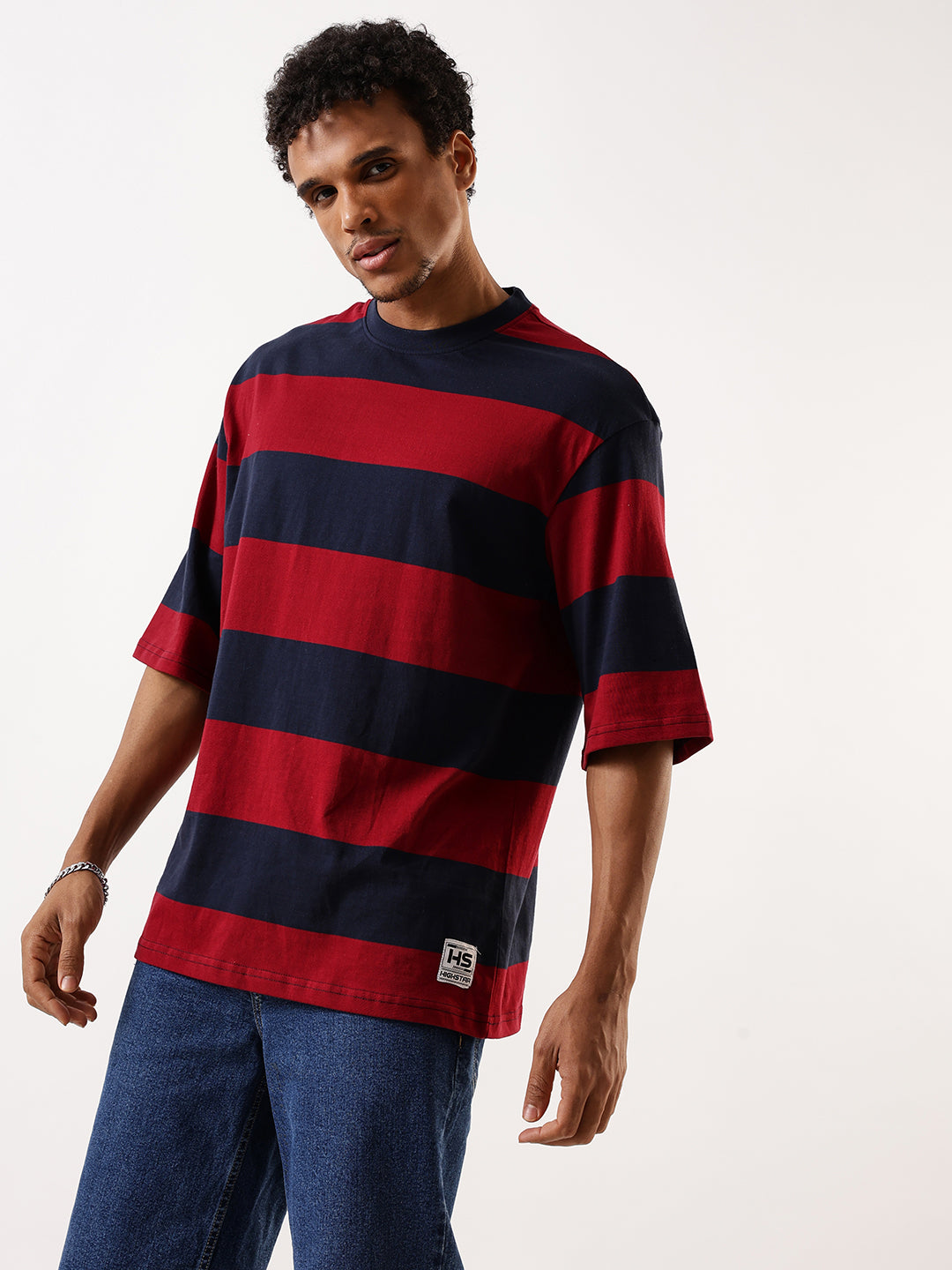 High Star Striped Round Neck Drop-Shoulder Sleeves Pure Cotton Oversized T-shirt