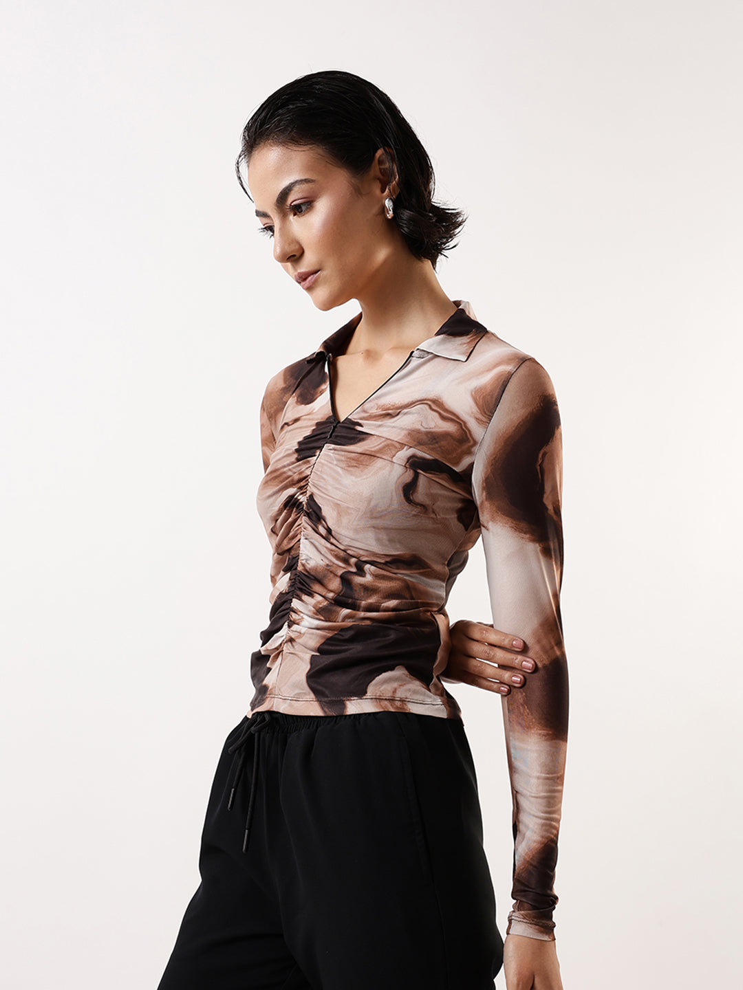 Hubberholme Women Abstract Printed Net Ruched Top