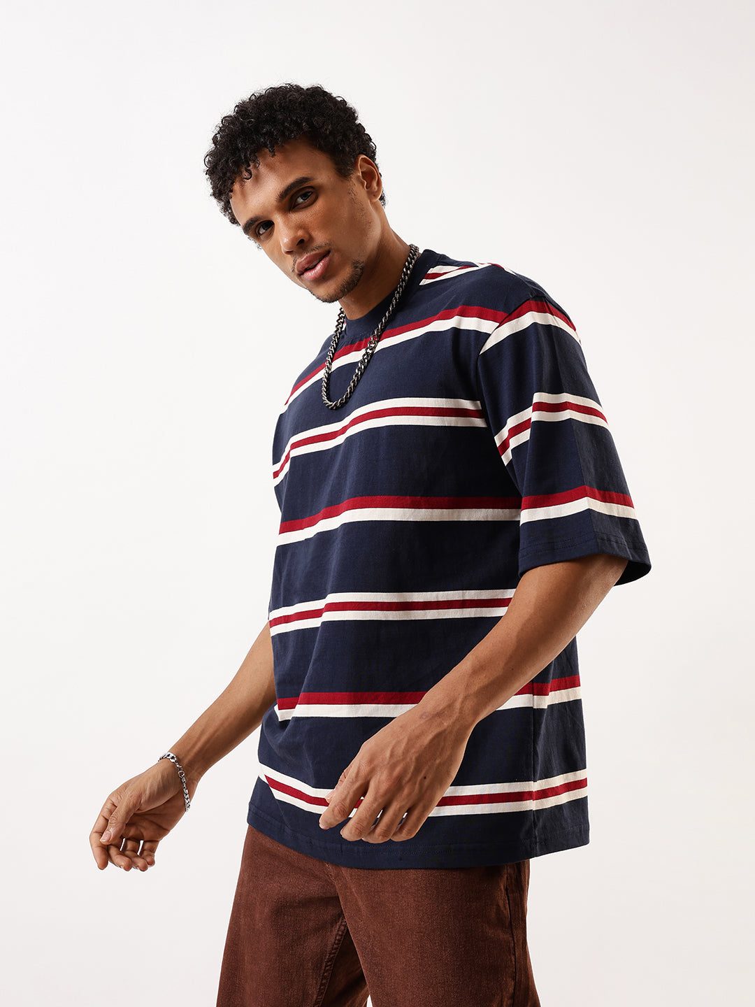 High Star Men Striped Round Neck Pure Cotton Oversized T-shirt