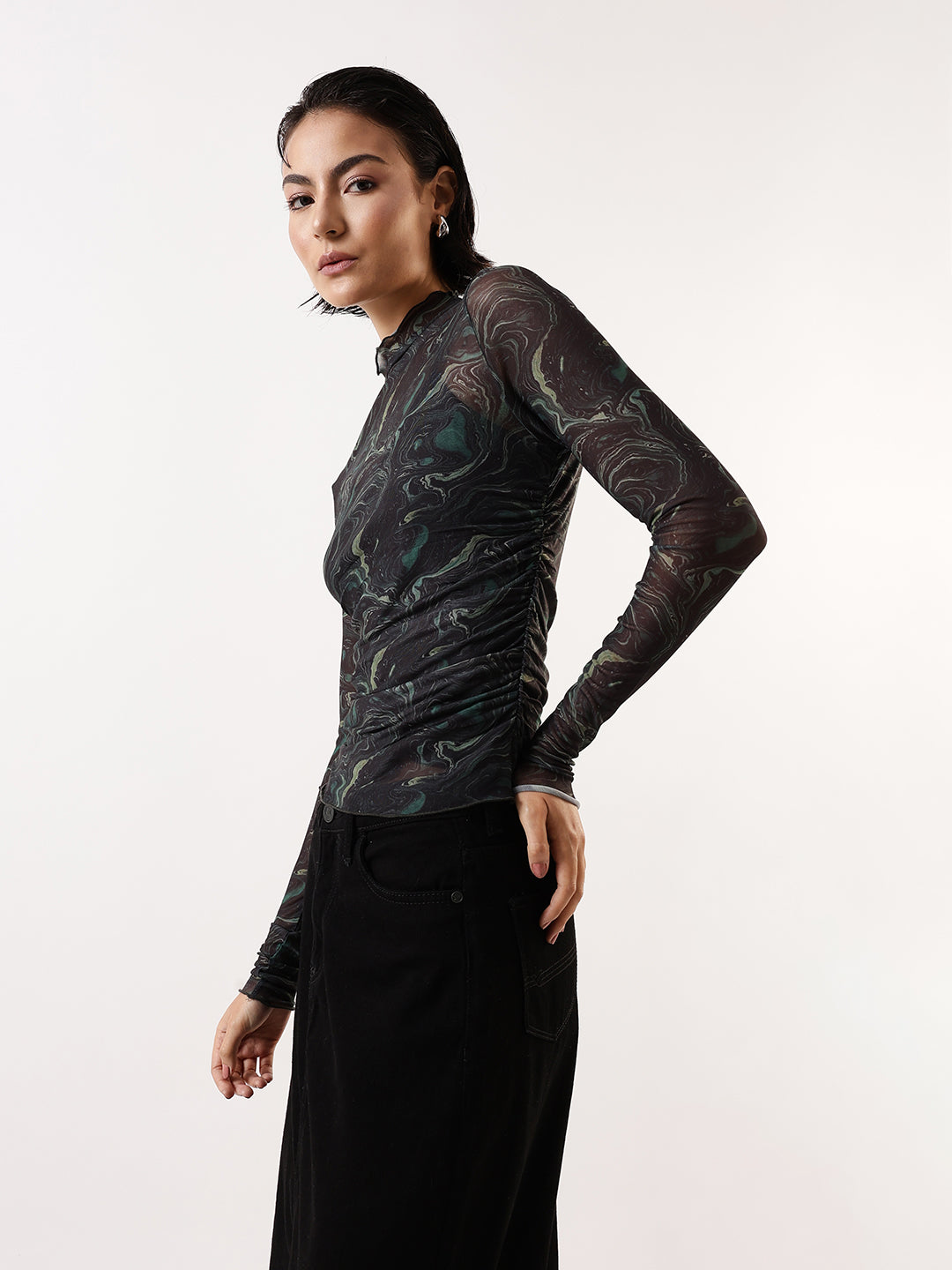 Hubberholme Women Abstract Printed Net Ruched Top