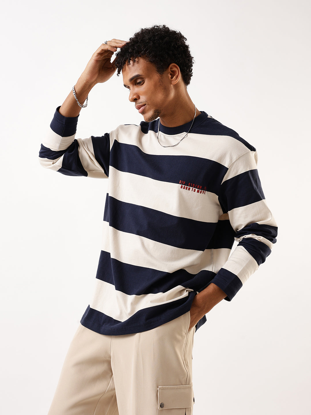 Hubberholme Striped Round Neck Pure Cotton Oversized T-shirt