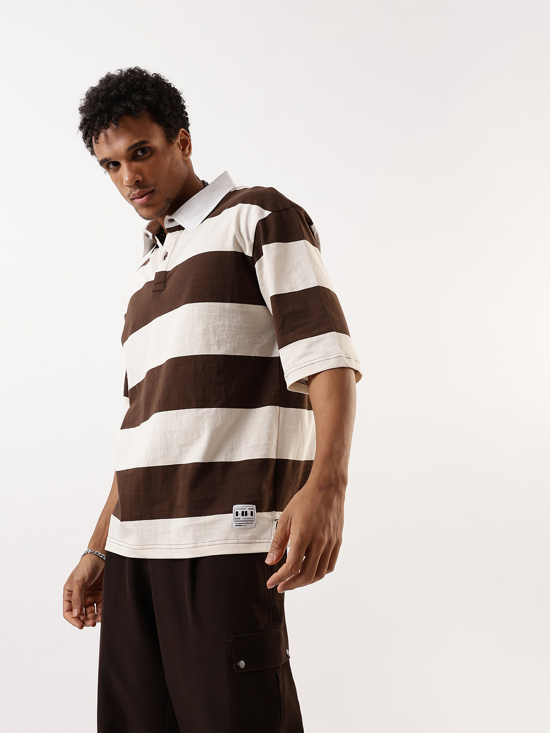 Hubberholme Men Striped Polo Collar Pure Cotton Oversized T-shirt