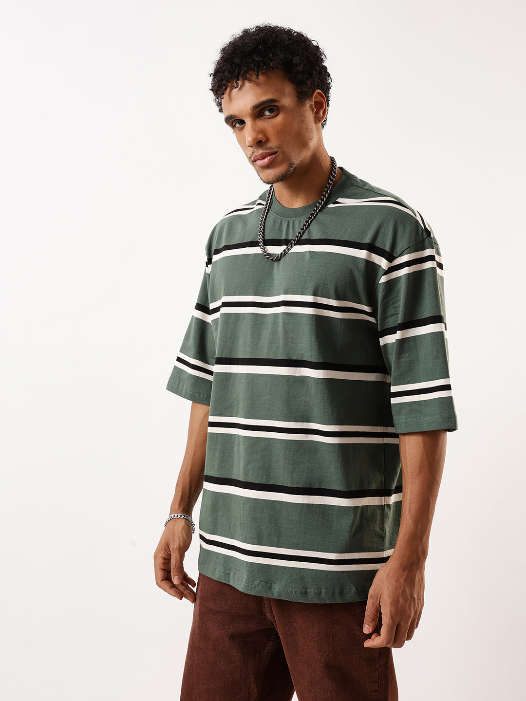 High Star Striped Round Neck Drop-Shoulder Sleeves Pure Cotton Oversized T-shirt