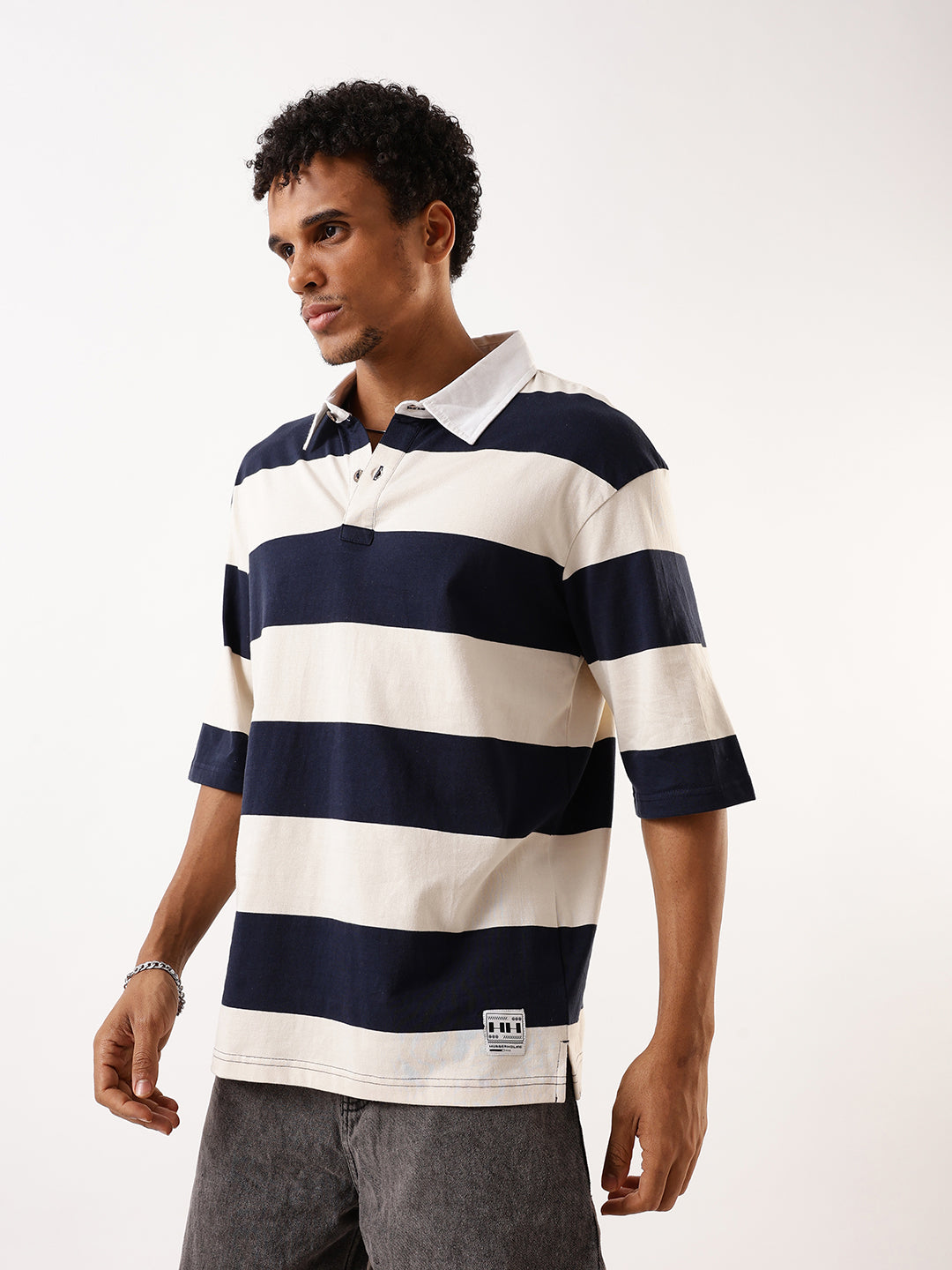 Hubberholme Men Striped Polo Collar Pure Cotton Oversized T-shirt