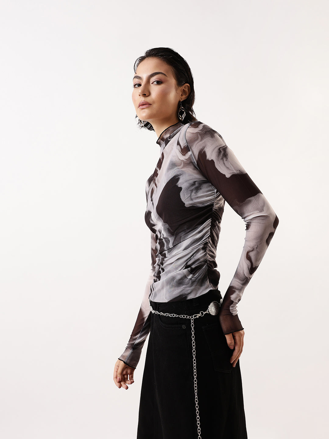 Hubberholme Women Abstract Printed Net Fitted Top