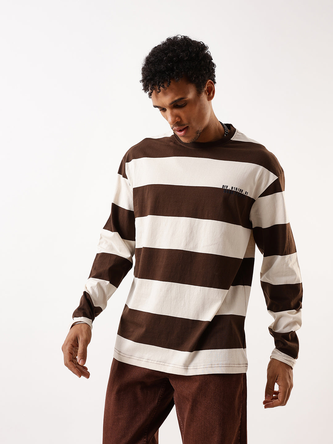 Hubberholme Men Striped Round Neck Pure Cotton Oversized T-shirt