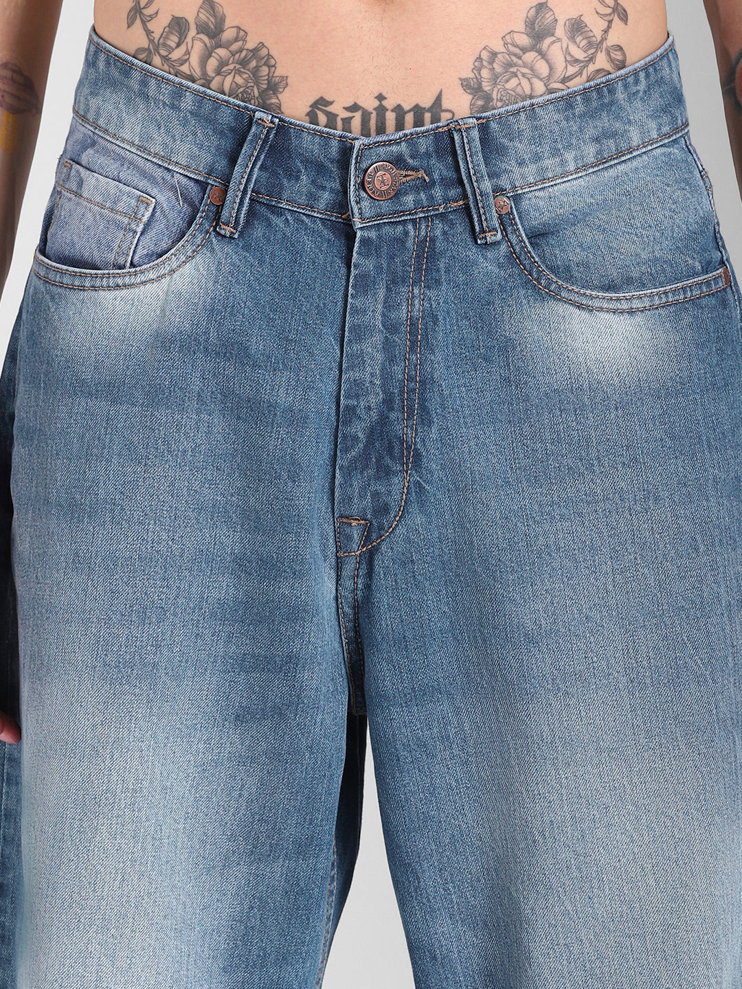Men Wide Leg Mid-Rise Clean Look Light Fade Cotton Jeans