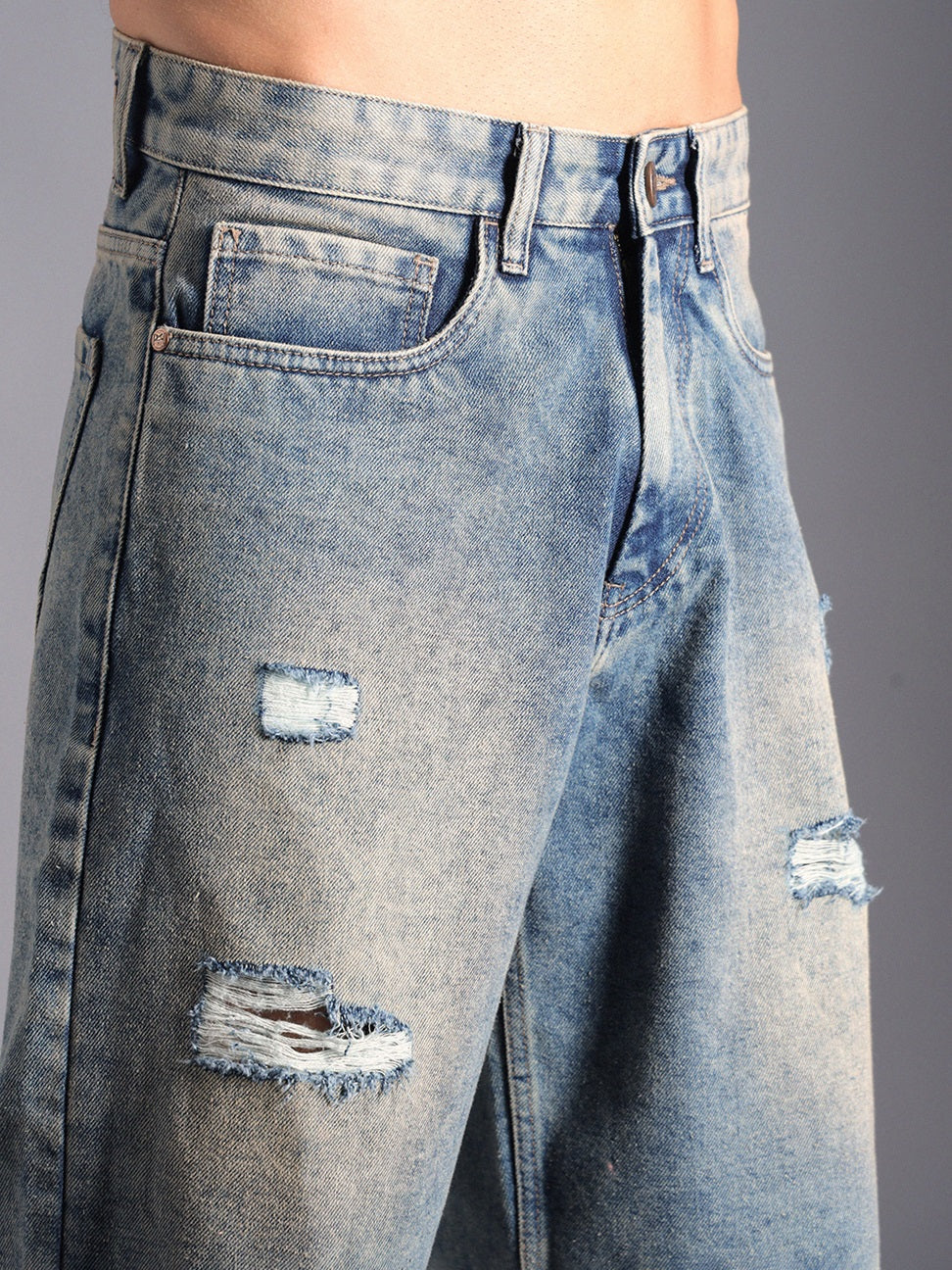 Men Washed Mid-Rise Distressed Cotton Denim Shorts
