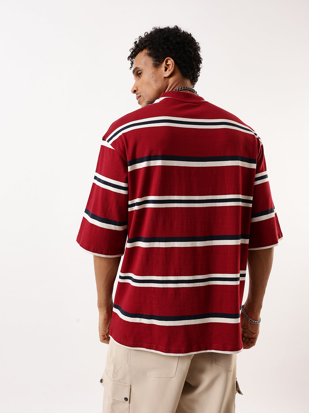 High Star Men Striped Round Neck Pure Cotton Oversized T-shirt