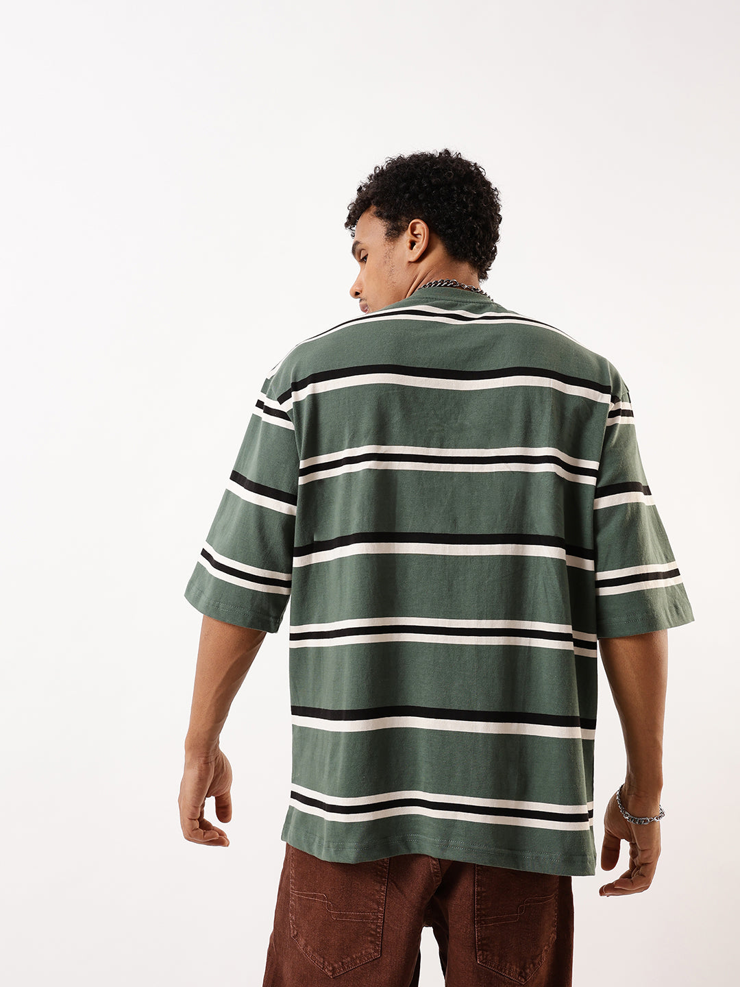 High Star Striped Round Neck Drop-Shoulder Sleeves Pure Cotton Oversized T-shirt