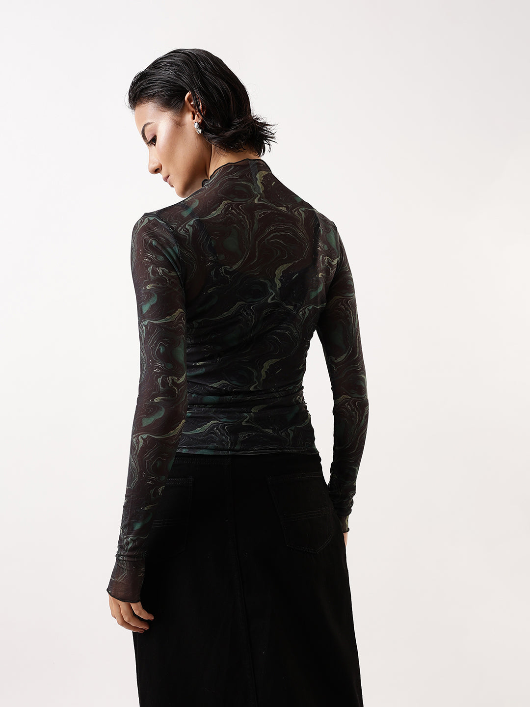 Hubberholme Women Abstract Printed Net Ruched Top