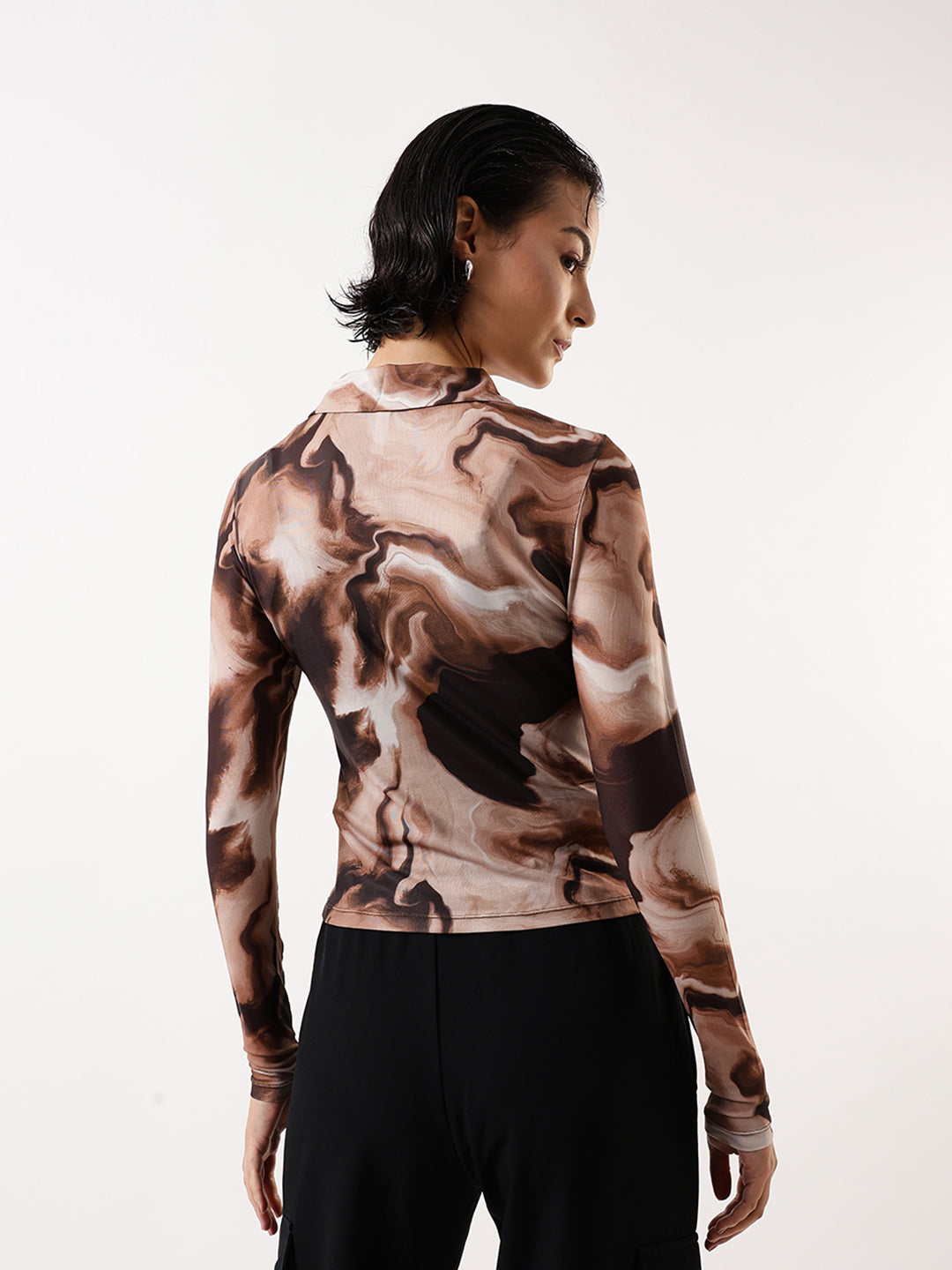 Hubberholme Women Abstract Printed Net Ruched Top