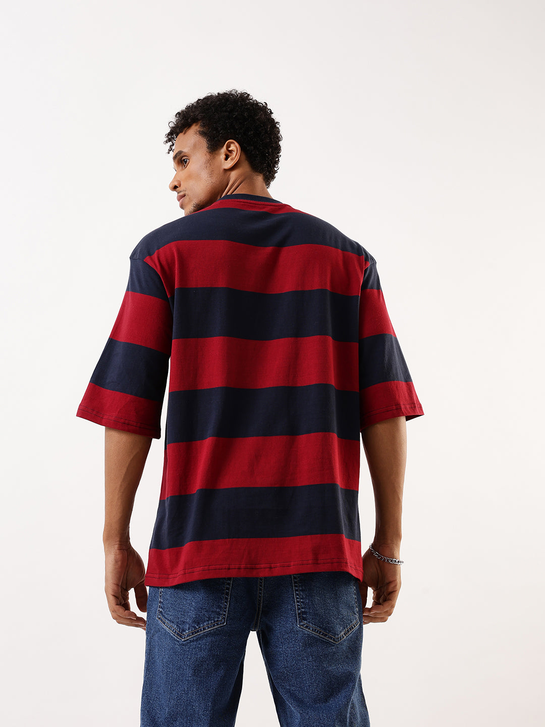 High Star Striped Round Neck Drop-Shoulder Sleeves Pure Cotton Oversized T-shirt