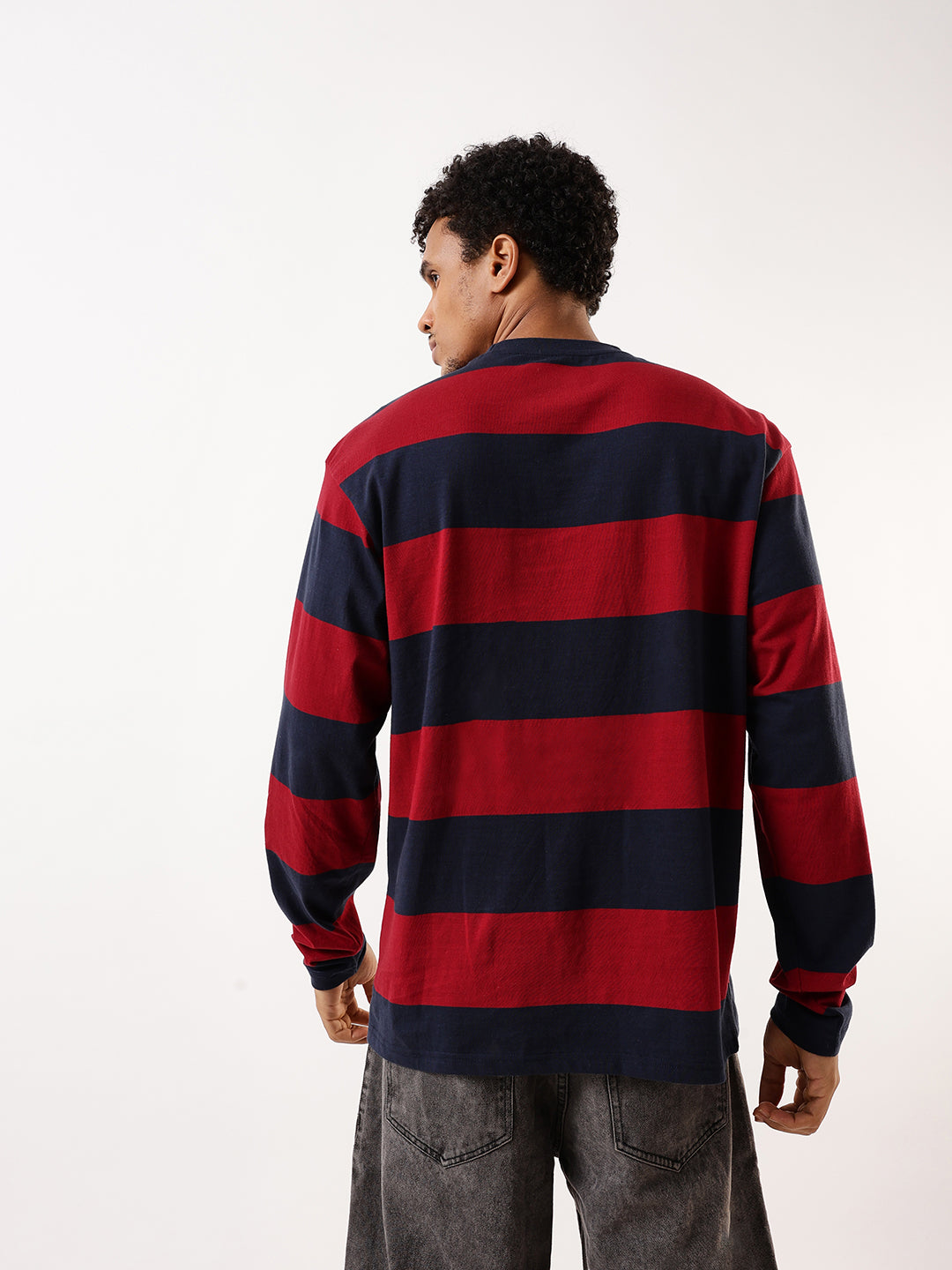 Hubberholme Men Striped Round Neck Pure Cotton Oversized T-shirt