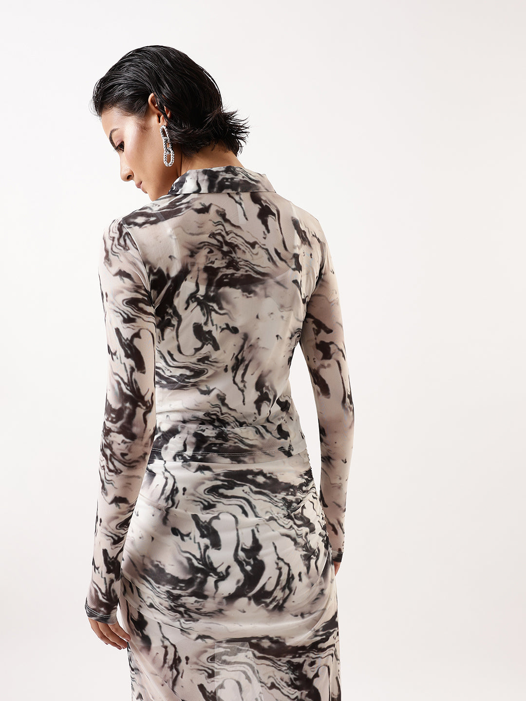 Hubberholme Women Abstract Printed Net Ruched Top