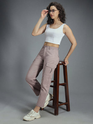 Women Relaxed Straight Leg High-Rise Plain Cargos Trousers