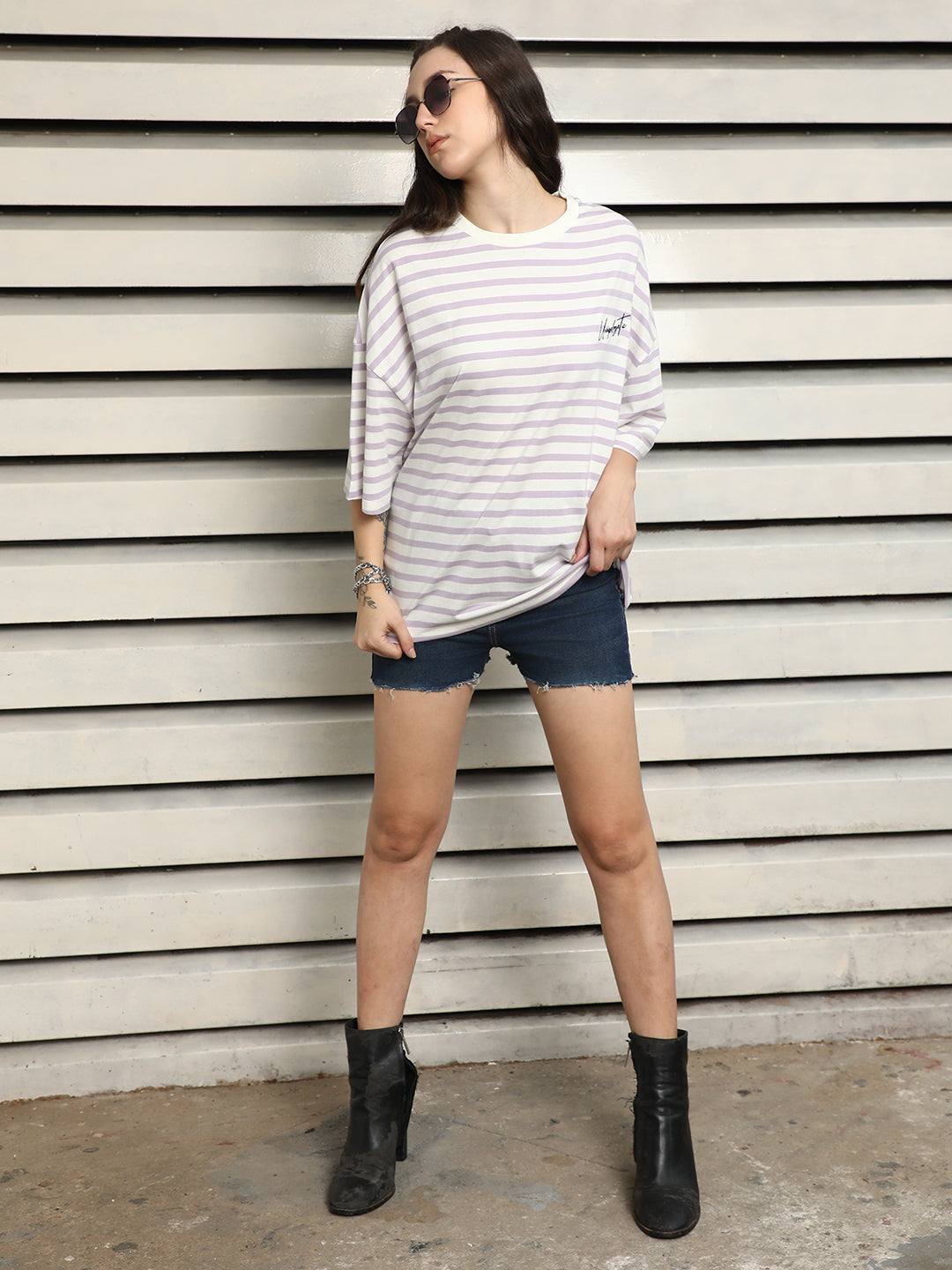 Striped Round Neck Drop-Shoulder Sleeves Cotton Oversized T-shirt