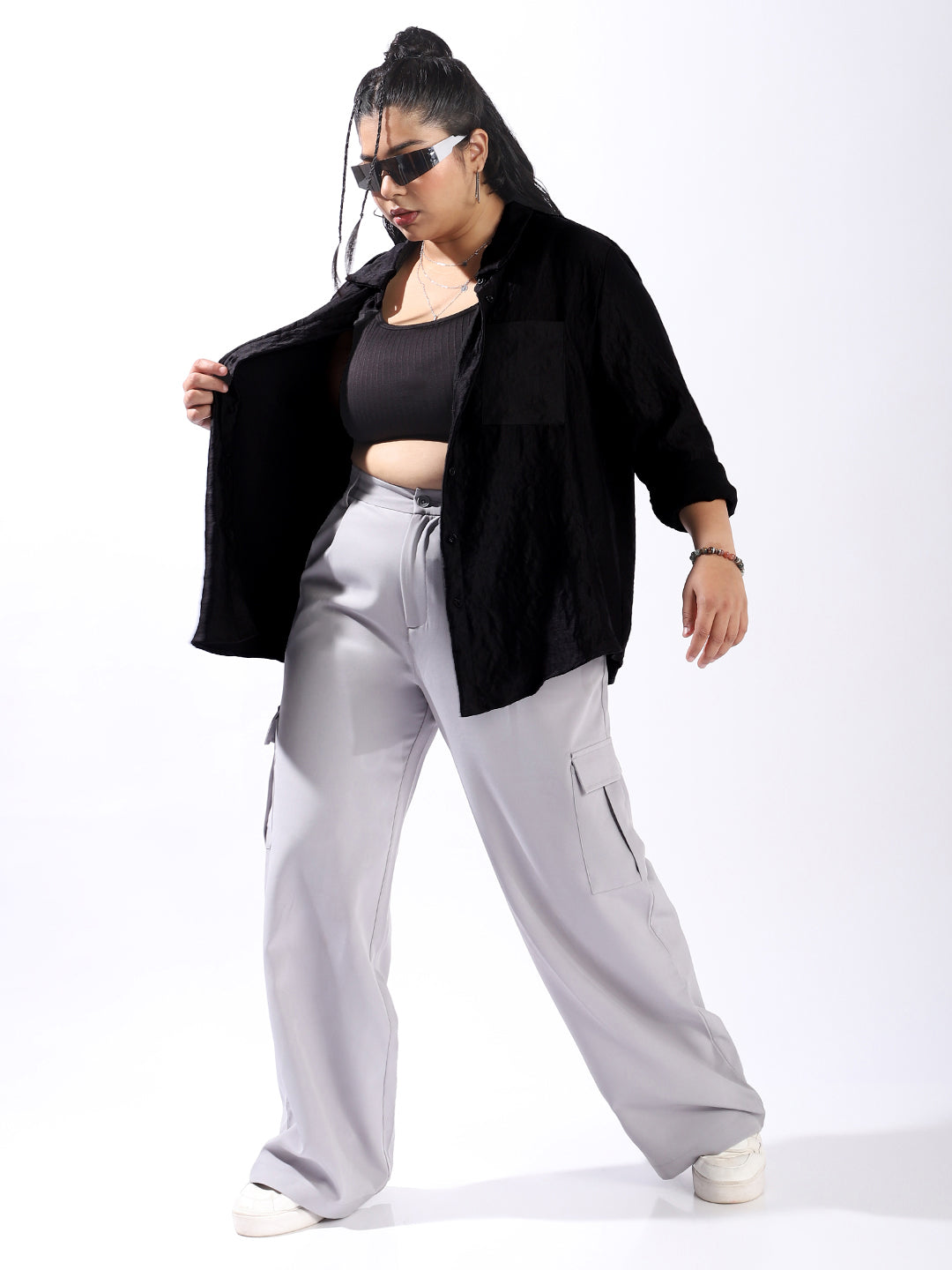 High Star Women Comfort Boxy Textured Satin Casual Shirt