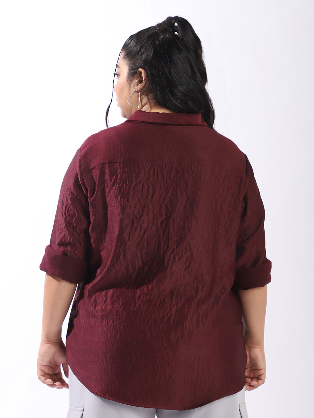 High Star Women Comfort Boxy Textured Satin Casual Shirt