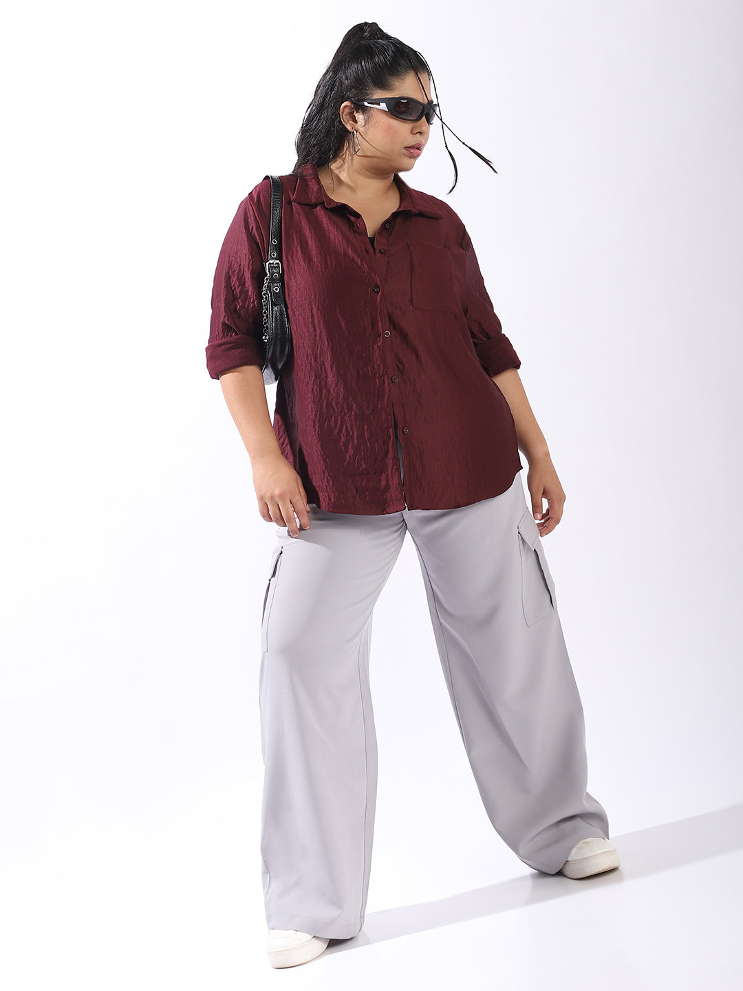 High Star Women Comfort Boxy Textured Satin Casual Shirt