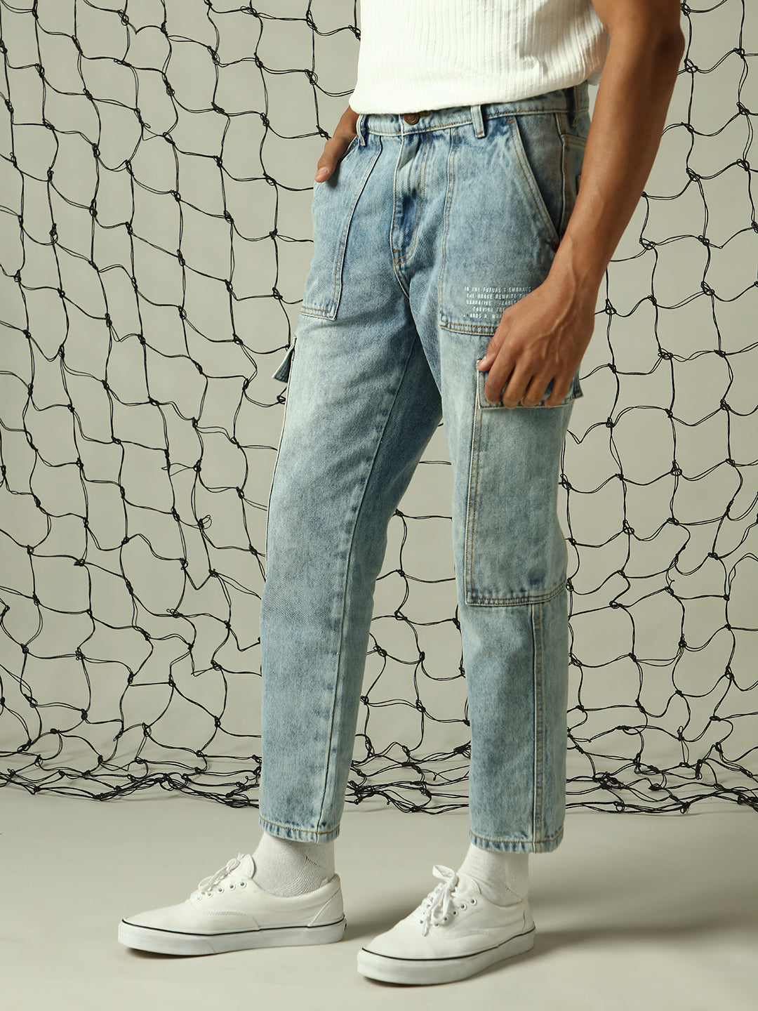 Hubberholme Men Straight Tapered Fit Leg Heavy Fade Carpenter Detail Cotton Cargo Jeans